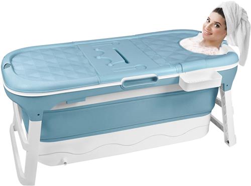 Opvouwbaar bad voor volwassenen, mobiel vrijstaand bad voor de badkamer 128x60x53cm, draagbaar opvouwbaar bad XL met badplank en massagerollen voor kleine badkamers en buiten