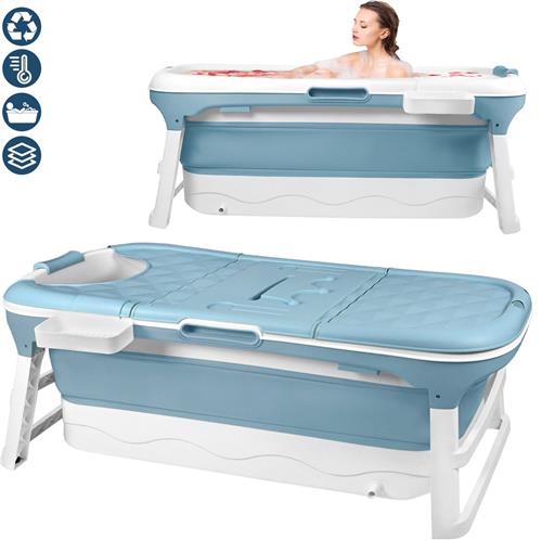 Opvouwbaar bad voor volwassenen, mobiel vrijstaand bad voor de badkamer 148x60x53cm, draagbaar opvouwbaar bad XXL met badplank & massagerollen voor kleine badkamer & buiten