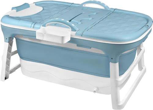 Aufun Opvouwbaar Bad 112 X 62 X 52 Cm, Ideaal Voor Badkamer, Douche En Balkon, Met Deksel En Massagerollers, Zeepmand, Dik Plastic Draagbaar Bad - Blauw
