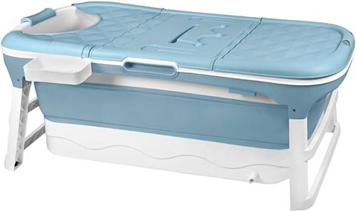 Aufun Opvouwbaar Bad128 X 62 X 52 Cm, Ideaal Voor Badkamer, Douche En Balkon, Met Deksel En Massagerollers, Zeepmand, Dik Plastic Draagbaar Bad - Blauw