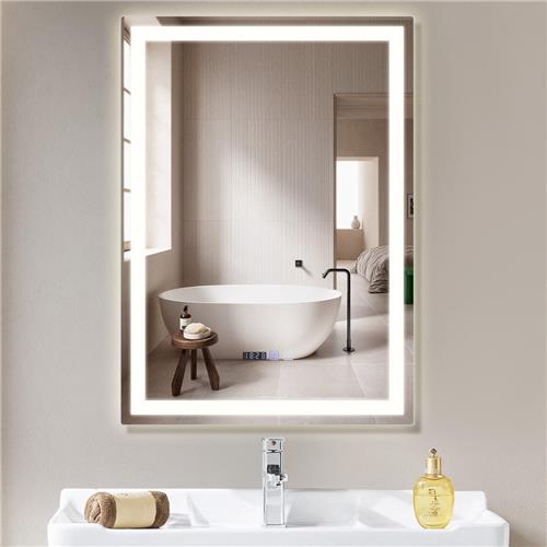 NETTLIFE Badkamerspiegel met LED Verlichting - Nikkel - LED rechthoekig badkamerspiegel 60x80cm - Dimbaar 3000K-6500K - 3 LED standen - Wandspiegel - Lichtspiegel met aanraakschakelaar en klok Ontwasemingsfunctie
