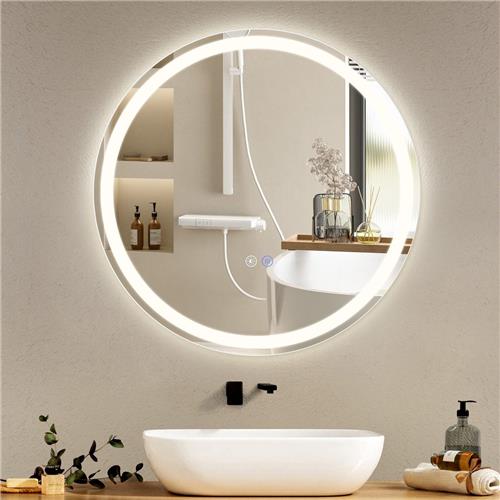 NETTLIFE Badkamerspiegel met LED Verlichting - Ronde - LED badkamerspiegel 50cm - Dimbaar 3000K-6500K - Nikkel - 3 LED standen - Wandspiegel - Lichtspiegel met aanraakschakelaar en klok Ontwasemingsfunctie