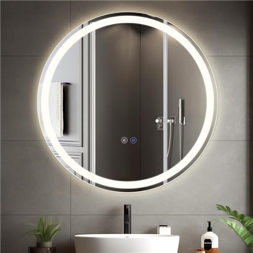 NETTLIFE Badkamerspiegel met LED Verlichting - Ronde - LED badkamerspiegel 80cm - Dimbaar 3000K-6500K - Nikkel - 3 LED standen - Wandspiegel - Lichtspiegel met aanraakschakelaar en klok Ontwasemingsfunctie