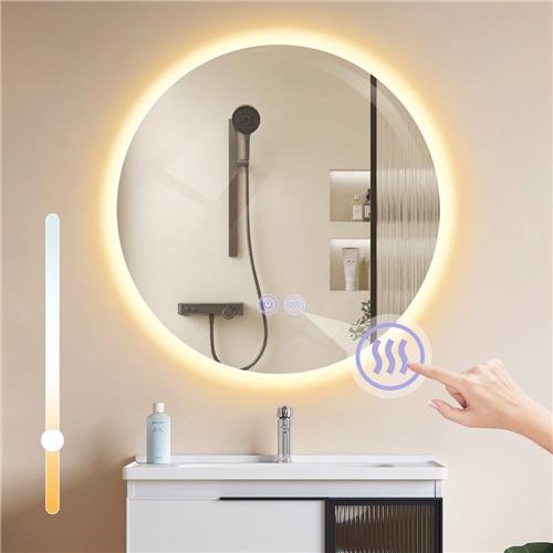 NETTLIFE Badkamerspiegel met LED Verlichting - Ronde - 3 LED standen - Dimbaar 3000K-6500K - LED wandspiegel met touch switch en ontwasemingsfunctie - Nikkel - Lichtspiegel - 50cm