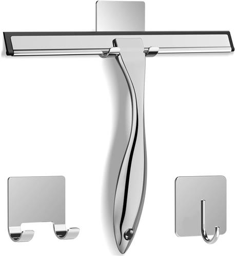 KZQ Douchekrabber - Multifunctionele roestvrijstalen douchekrabber - Met 2 klevende haken - Voor douchedeuren - Badkamerreinigingsgereedschap - Spiegelkrabber voor thuis - Tegelwanden en auto's reinigen - 25 cm - Zilver