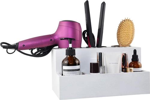 Haar-gereedschap-organizer, haardrogerverzorging, stijltang, krultang, borstelhouder, caddy opslag voor wastafel en badkamer, wandmontage of op aanrecht, massief hout in lichtbruin in wit