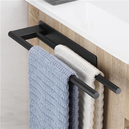 SNQ Handdoekhouder zonder boren, zwart, mat handdoekstang, badkamer roestvrij staal, badhanddoekhouder, zelfklevende handdoekhouder, dubbel, 39 cm