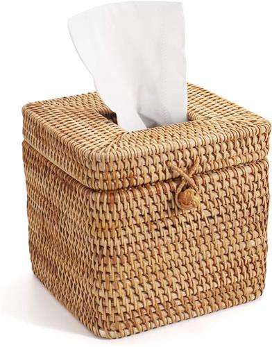SNQ Rotan vierkante tissuedooshoes- 15cm x 15 cm x 15cm- decoratieve geweven tissuehouder met scharnierend bovendeksel- natuurlijke kleur