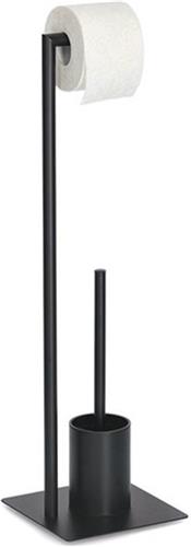 Zeller Toiletborstel/wc rolhouder - toiletgarnituur - metaal - zwart - 20 x 20 x 70 cm