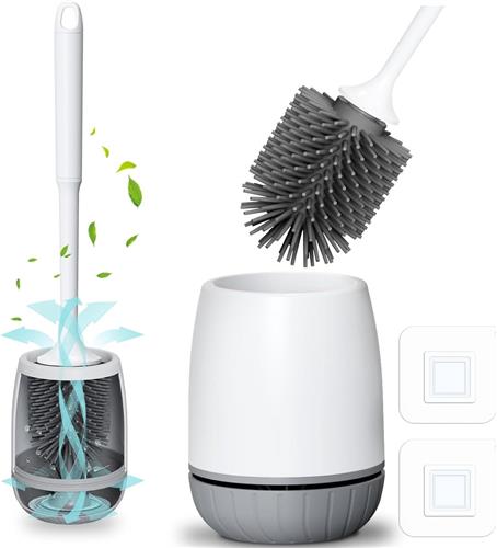 SNQ Siliconen Toiletborstel Met Snel Drogende Houder En Lekvrije Basis - Toiletborstel - Reinigt Zonder Dode Hoeken - Wandmontage - Verticaal - Witgrijs - 11*11*44 - 5CM