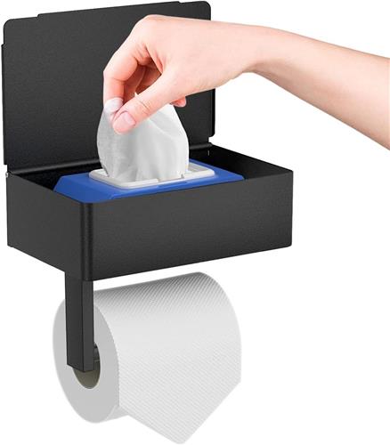 SNQ Toiletpapierhouder, Roestvrij staal Toiletrolhouder met vochtige doekjesbox, zelfklevende wc rolhouder zonder boren, wandmontage papierhouder voor keuken en badkamer zwart