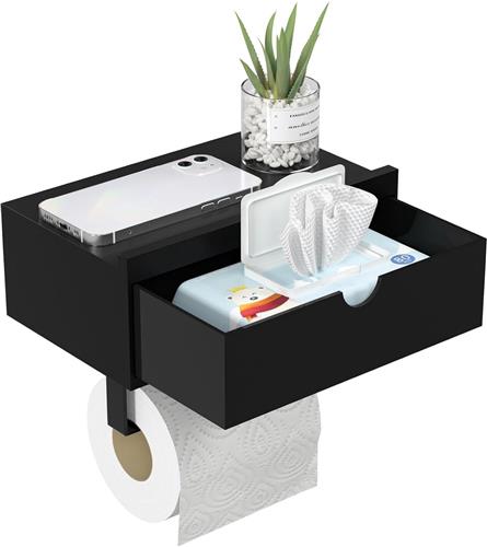SNQ Toiletrolhouder - zwarte toiletrolhouder - badkameraccessoires - badkamer toiletrolhouder - zelfklevende toiletrolhouder met plankje - toiletrolhouder zonder boren