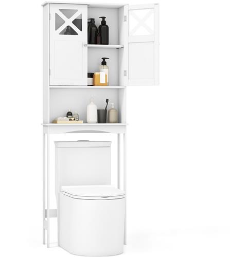 COSTWAY Ruimtebesparende Boven Het Toilet, Badkamer Opbergrek met Anti-kantel Ontwerp, X-vorm Dubbel-Deur Kast met Hoog-Sterk Gehard Glas, Regelbare Planken & Onderste Bar