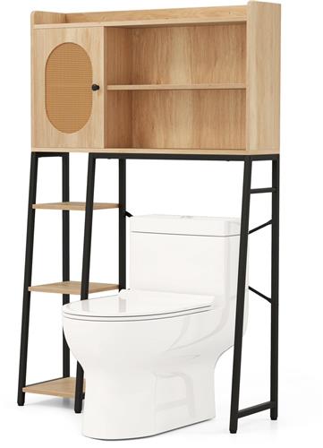 COSTWAY Toiletkast met PE-rotan deur, toiletrek met verstelbare plank en opbergvakken, vrijstaande bovenbouwkast, wasmachinerek in boho-stijl voor badkamer, wasruimte, natuur