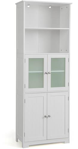 COSTWAY Badkamerkast met glazen deuren, 2 open vakken en verstelbare planken, hoge badkamerkast, opbergkast voor badkamer, keuken, woonkamer (Wit)