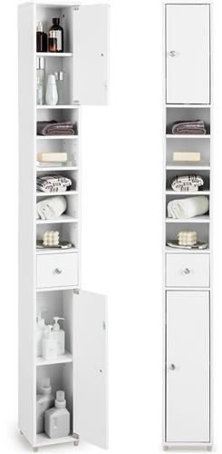 COSTWAY Badkamerkast hoog kast smal, Opbergkast met 2 deuren, 1 lade en verstelbare planken, ruimtebesparend badkamerrek voor badkamer, woonkamer, keuken, 20 x 20 x 180 cm