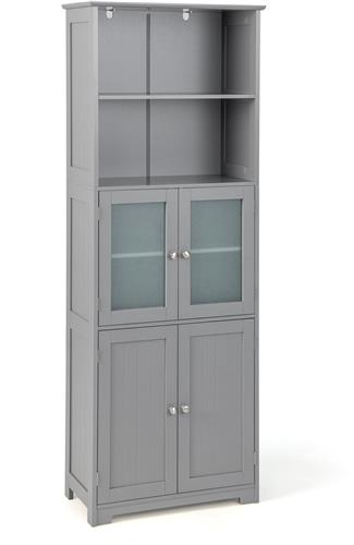 COSTWAY Badkamerkast met glazen deuren, 2 open vakken en verstelbare planken, hoge badkamerkast, opbergkast voor badkamer, keuken, woonkamer (grijs)