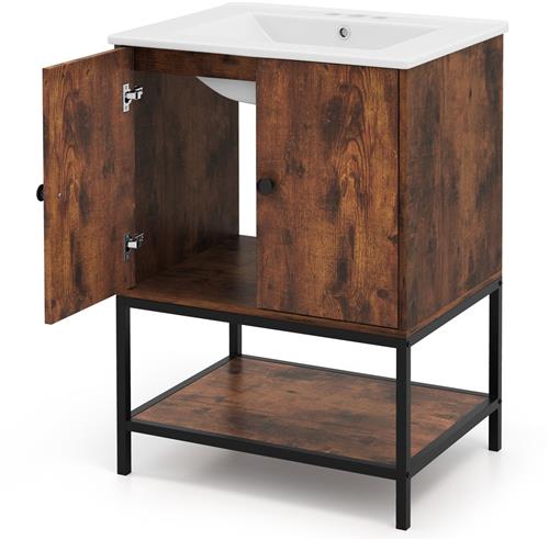 COSTWAY Wastafelonderkast met onderkast, wastafelonderkast met 2 deuren en open vak, wastafelonderkast hout, 61 x 46,5 x 87 cm, vintage bruin