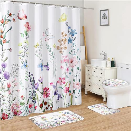 KZQ Douchegordijnset van 4 stuks - Bedrukt douchegordijn - Scheidingsgordijn - Inclusief antislipmat, toiletbrilhoes en badmat - 70" x 70" - Douchegordijn van bloemenstof - Duurzaam waterdicht badkamergordijn - Doucheset - 12 haken