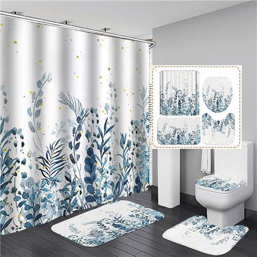 KZQ Douchegordijnset van 4 - Bedrukt douchegordijn - Scheidingsgordijn - Inclusief antislipmat, toiletbril en badmat - 180 x 180 cm - Douchegordijn van bloemenstof - Duurzaam, waterdicht badkamergordijn - Wordt geleverd met 12 haken - Blauw thema