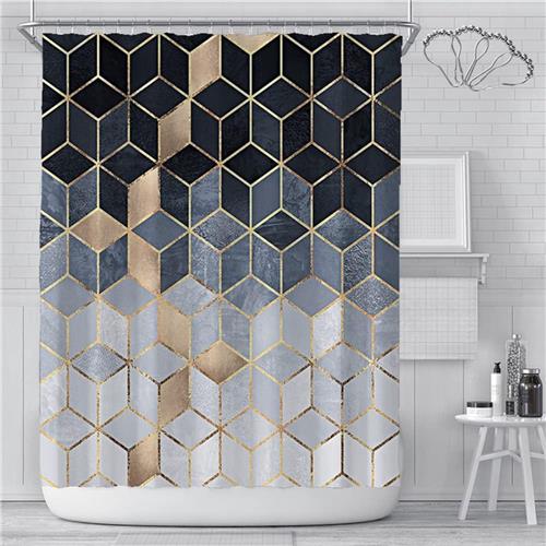 SNQ Douchegordijn - Marmerpatroon - 1 stuk - 180 × 180 cm - Geometrisch douchegordijn met raster - Schimmelwerend - Waterdicht met gewicht - Zwart