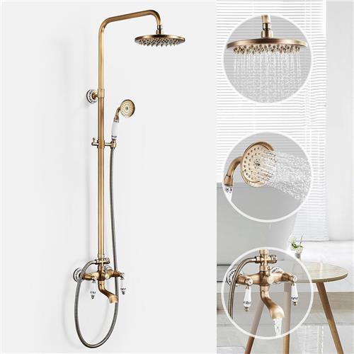 Douchesysteem, antiek messing, retro gouden doucheset, vintage keramische stijl, regendoucheset met 8 inch regendouche, handdouchekop, badkuip, in hoogte verstelbaar, 70 ~ 120 cm