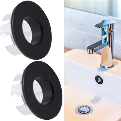 SNQ 2 stuks zwarte overloopbescherming - Ronde afvoercover voor badkamer en keuken - Universele overloopring vervanging - Waterdichte beschermkap voor wastafels en badkuipen