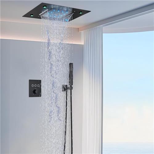 Compleet douchesysteem zwart mat, 49 x 35 cm Regendouche, Thermostatisch douchesysteem, Vierkante douchekop met handdouche, Afstandsbediening