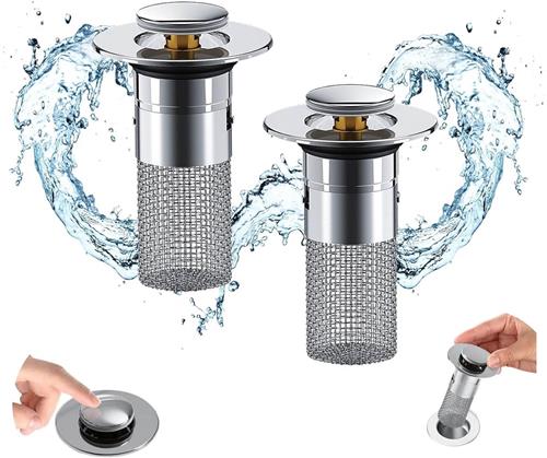 KZQ 2 stuks lekstop - afvoerstop - badkamer gootsteen afvoerzeef - afvoerzeef - stop - gootsteen afvoer stop haarverzamelaar - gootsteenstop - verwijderbaar - roestvrijstalen zeefmand - voor badkamer, keuken, gootsteen - zilver