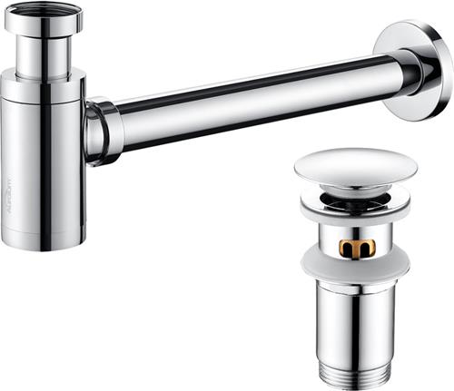Auralum max Sifon Wastafel + POP UP Afvoergarnituur Chroom - Ruimtebesparende Telescopische Wastafel sifon - Hoogte & Diepte instelbaar - Afvoerset Met Filtermand en Afdichting