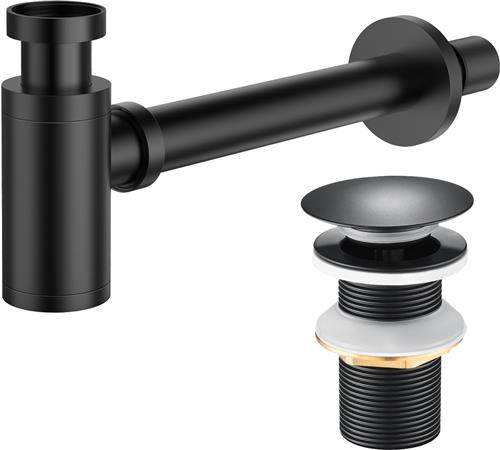 Auralum max Sifon Wastafel + Wastafel afvoerplug Zonder overloop - Universele Sifon 1 1/4'' Zwart - Universele Afvoergarnituren