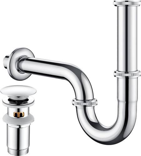 Auralum max U-vormige Sifon Wastafel + POP UP Afvoergarnituur Chroom - Universele Sifon Chroom - Antibacterieel en Geur - sifon Ø32 mm - Afvoerset Met Filtermand en Afdichting