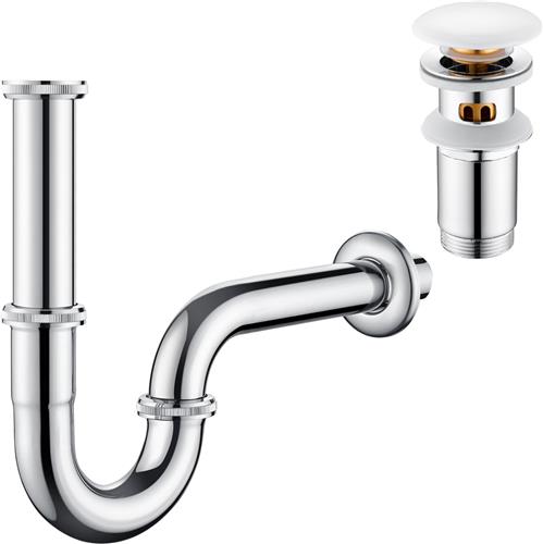 Auralum max U-vormige Sifon Wastafel + keramiek Wastafel afvoerplug Met overloop - Universele Sifon Chroom - Antibacterieel en Geur - sifon Ø32 mm