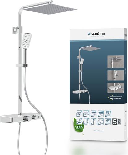 SCHÜTTE Ocean Douchesysteem - Regendouche - Met Thermostatische Douchekraan - Geïntegreerd glazen Planchet met Push-Button Omsteller - Hartafstand 150 mm - Chroom & Wit