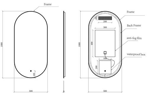 Wiesbaden Nomi spiegel met lijst ovaal met LED, dimbaar en spiegelverwarming 50 x 100 cm geborsteld messing