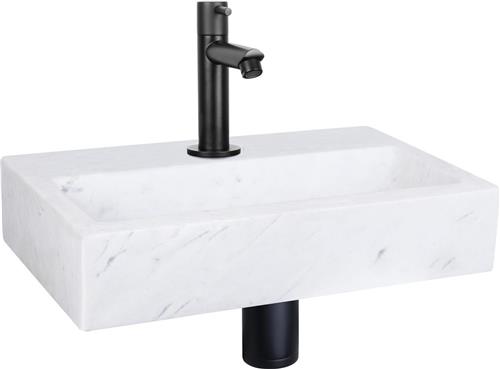 Differnz Flat Fonteinset - Wasbak Marmer - Wit - Rechte Kraan - Mat Zwart - Standaard Greep - 38 x 24 x 7 cm
