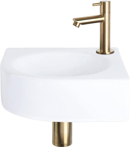 Differnz Cleo Fonteinset - Wasbak Keramiek - Wit - Rechte Kraan - Mat Goud - Standaard Greep - 30 x 30 x 10 cm