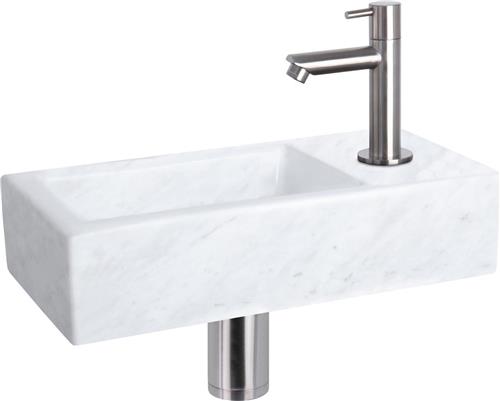 Differnz Helios Fonteinset - Wasbak Marmer - Wit - Rechte Kraan - Mat Chroom - Standaard Greep - 37.5 x 18.5 x 9 cm