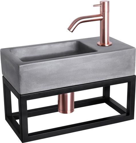 Differnz Ravo Fonteinset - Wasbak Beton - Donkergrijs - Gebogen Kraan - Rood Koper - Standaard Greep - 38.5 x 18.5 x 9 cm - Met Handdoekrek - Zwart