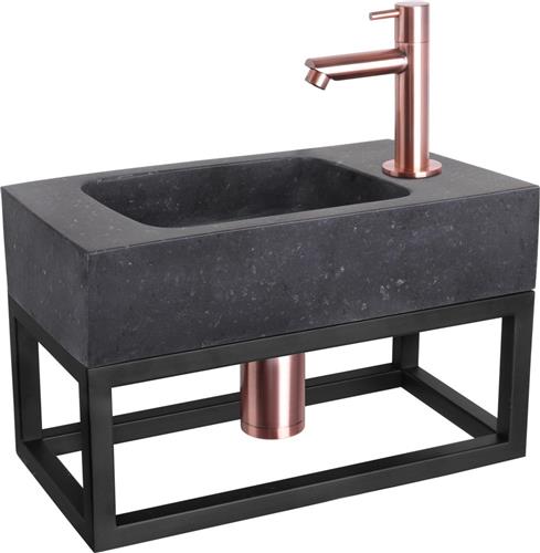 Differnz Fonteinset - Wasbak Natuursteen Bombai Black - Antraciet - Rechte Kraan - Rood Koper - Standaard Greep - 40 x 22 x 9 cm - Met Handdoekrek - Zwart