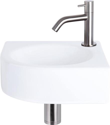 Differnz Cleo Fonteinset - Wasbak Keramiek - Wit - Gebogen Kraan - Mat Chroom - Standaard Greep - 30 x 30 x 10 cm