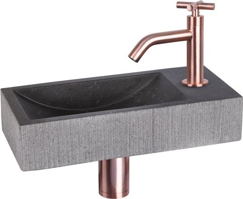 Differnz Ribble Fonteinset  Natuursteen Bombai Black  Kraan Gebogen met Kruisgreep  Rood Koper  38 x 18 x 8 cm