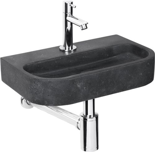 Differnz Ovale Small Fonteinset - Wasbak Natuursteen - Zwart - Rechte Kraan - Chroom - Standaard Greep - 38 x 24 x 8 cm