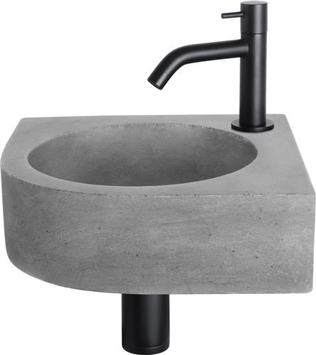 Differnz Cleo Fonteinset - Wasbak Beton - Donkergrijs - Gebogen Kraan - Mat Zwart - Standaard Greep - 31.5 x 31.5 x 10 cm