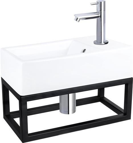 Differnz Force Fonteinset - Wasbak Keramiek - Wit - Rechte Kraan - Chroom - Standaard Greep - 40 x 22 x 11.5 cm - Met Handdoekrek - Zwart