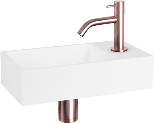 Differnz Solid Fonteinset - Wasbak Solid Surface - Wit - Gebogen Kraan - Rood Koper - Standaard Greep - 36 x 18.5 x 9 cm