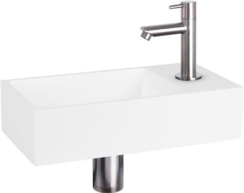 Differnz Solid Fonteinset - Wasbak Solid Surface - Wit - Rechte Kraan - Mat Chroom - Standaard Greep - 36 x 18.5 x 9 cm