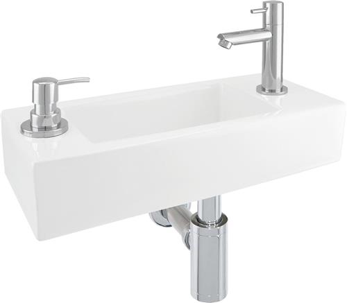 Differnz Sapon Fonteinset - Wasbak Keramiek - Wit - Rechte Kraan - Chroom - Standaard Greep - 42 x 18.5 x 9 cm - Met Zeepdispenser - Chroom