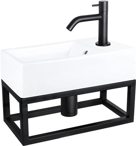 Differnz Force Fonteinset - Wasbak Keramiek - Wit - Gebogen Kraan - Mat Zwart - Standaard Greep - 40 x 22 x 11.5 cm - Met Handdoekrek - Zwart
