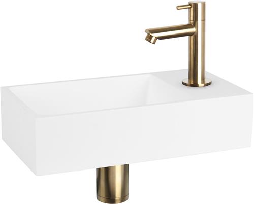 Differnz Solid Fonteinset - Wasbak Solid Surface - Wit - Rechte Kraan - Mat Goud - Standaard Greep - 36 x 18.5 x 9 cm